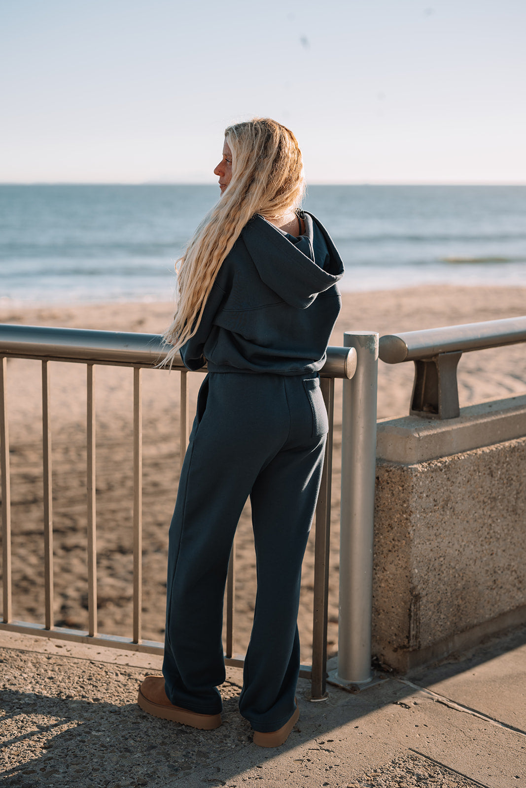 Person standing by a railing overlooking a beach with ocean view